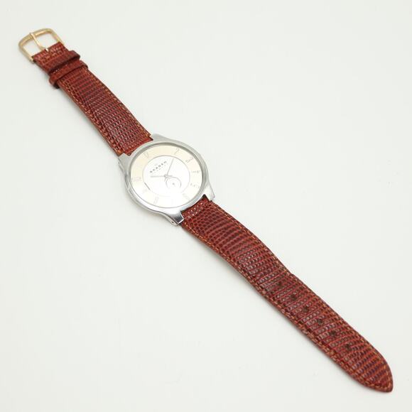 Skagen Men Two Tone Slim Swiss Parts 38mm Watch Brown Lizard Leather New Battery - Picture 12 of 16